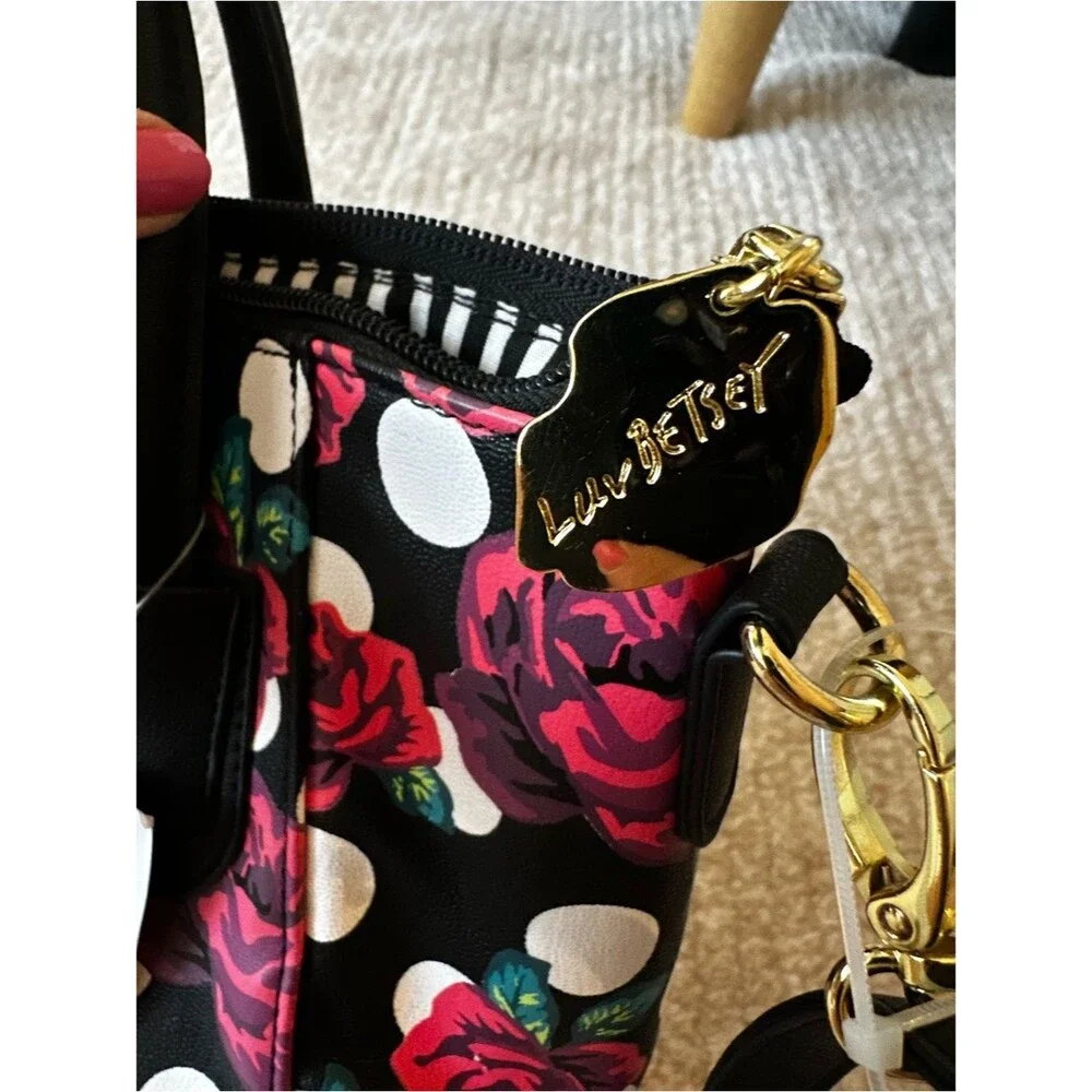 NWT Betsey Johnson Rose Polka Dot Crossbody Satchel Bag Charm